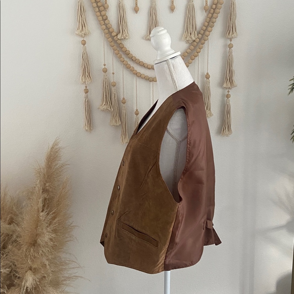 Vintage mens brown suede vest textured western gold tone snap cinch back large - Picture 7 of 16